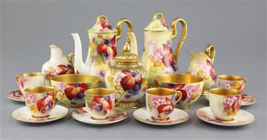 A group of Royal Worcester Autumnal fruit painted coffee wares and a similar pot pourri and cover, coffee pot 17.5cm